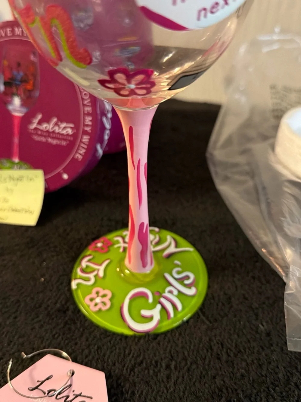 Lolita Girls' Night In Hand-Painted Wine Glass - Pink & Green